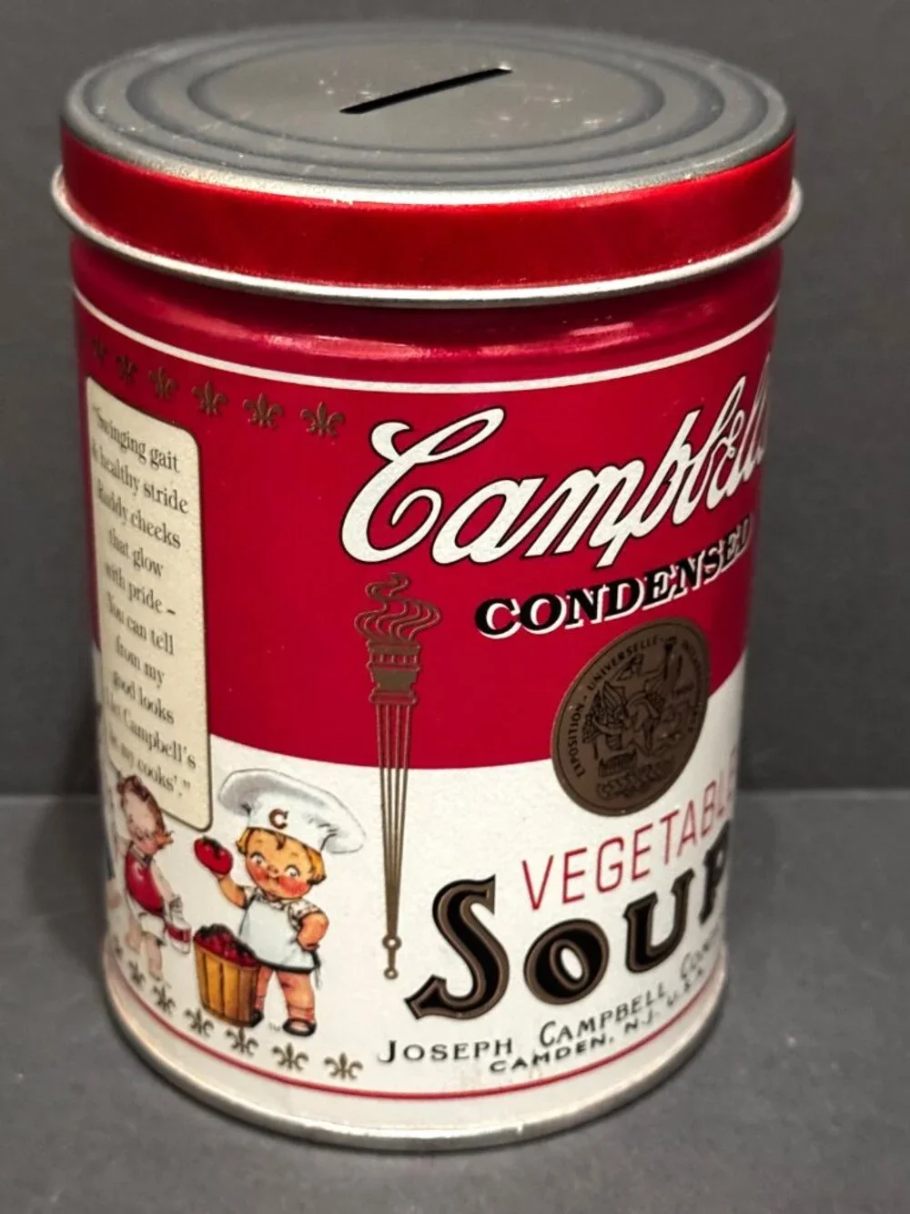 Campbell's Vegetable Soup Tin Canister Bank ft. Campbells Kids Vintage ca. 1997